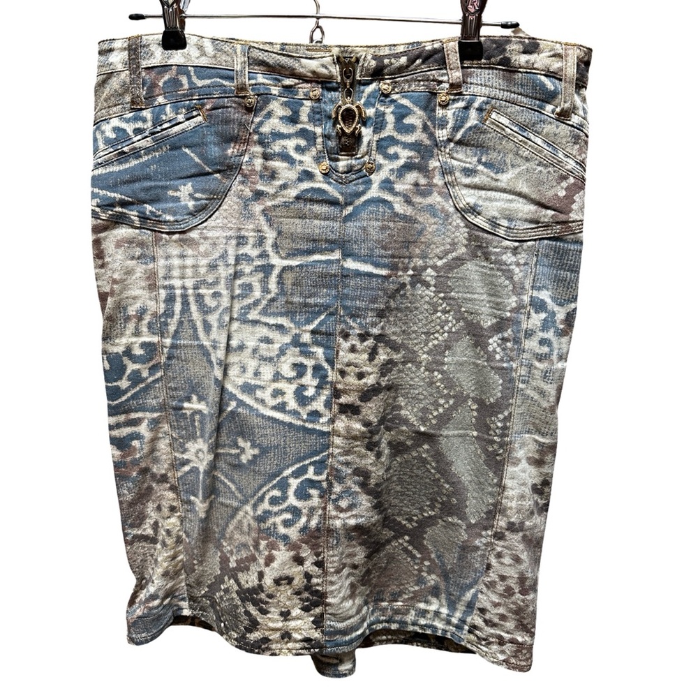 Just Cavalli Blue, Gray & Brown Patterned Pencil Skirt